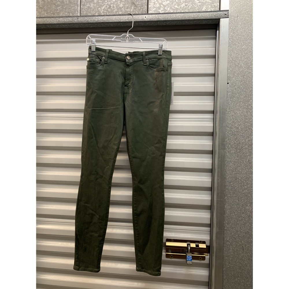 7FAM The Ankle Super Skinny Jean Mid-Rise Coated Pine Green 27x28 NWT